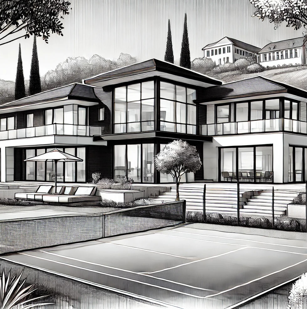 A black and white sketch of a modern luxury home in Silicon Valley with a tennis court as 