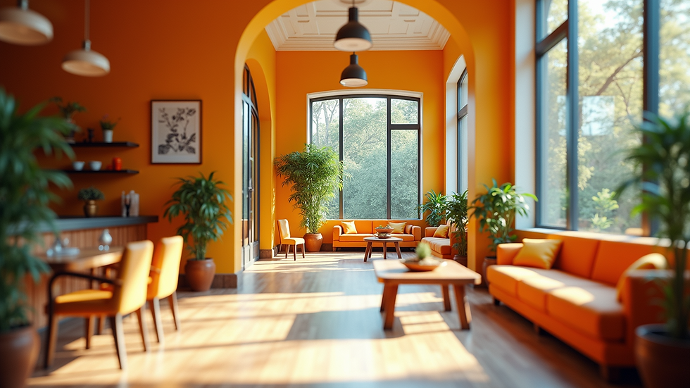 Wide angle view of a colorful and inviting common area