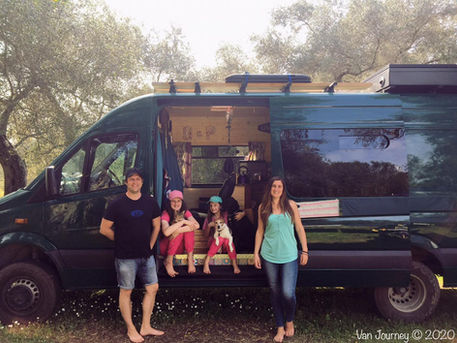 Corfu Olive Grove Family van life Family sprinter 4x4 self build camper