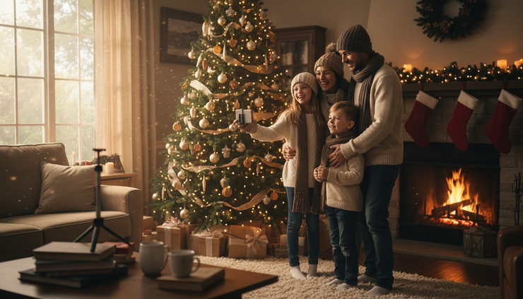 Eye-level view of a family taking relaxed holiday photos near a decorated tree.
