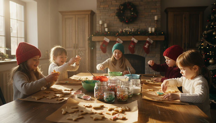 Wide-angle view of children decorating cookies at a kitchen table during the holidays.
