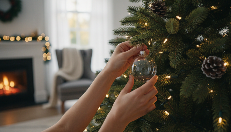 Close-up of hands hanging a glass ornament on a warmly lit Christmas tree.