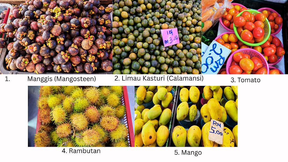 マンゴスチン、ライム、トマト、ランブータン、マンゴーなどのサラワク産トロピカルフルーツ。