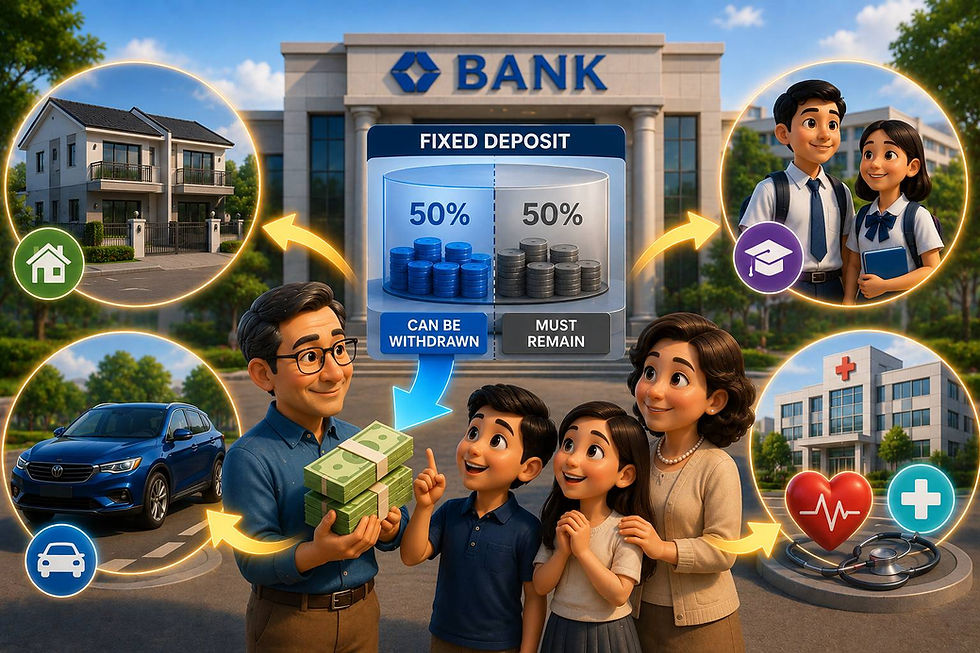 Illustration of SMM2H fixed deposit withdrawal for property, education, medical, and vehicle expenses in Malaysia.