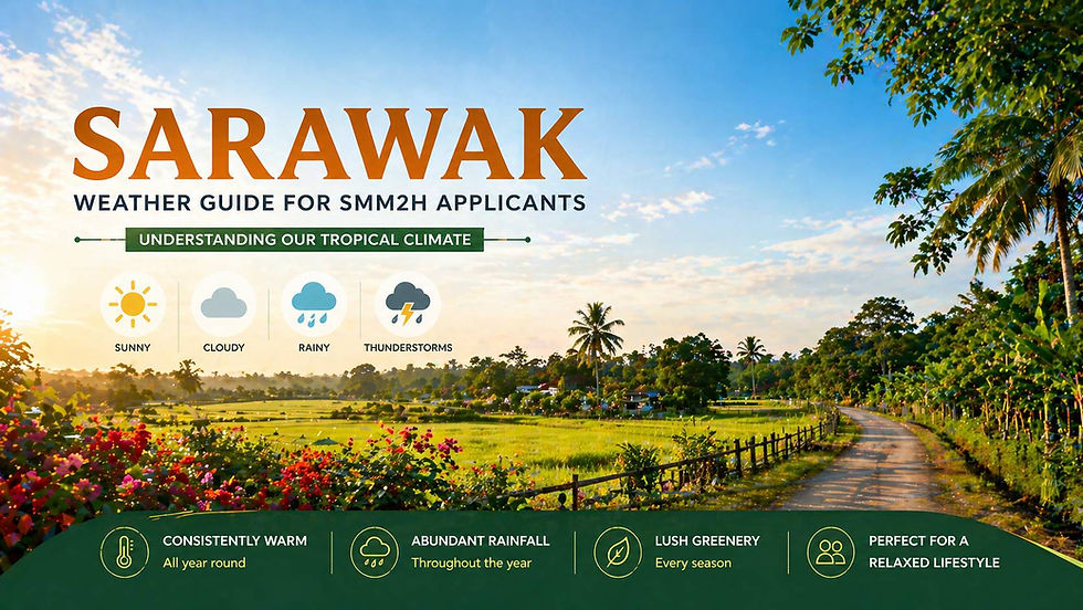 Sarawak weather tropical climate landscape showing sunny countryside, greenery, and warm environment ideal for retirement under SMM2H Malaysia