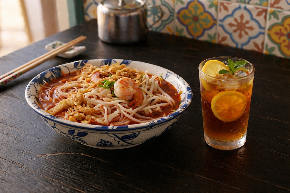 Sarawak Laksa in a traditional bowl with prawns, chicken, and rice noodles, served on a wooden table alongside a glass of iced lemon tea