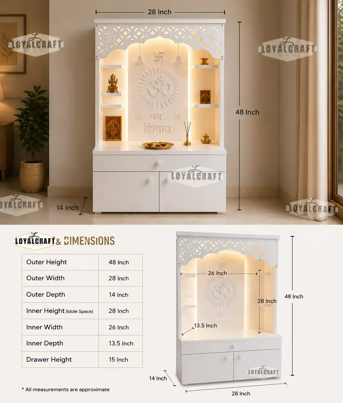 LoyalCraft 4 feet home temple with LED Light beautiful carving design