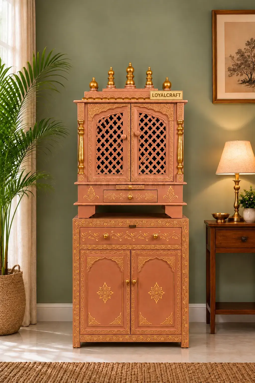 Elegant Gold-Work Wooden Mandir with Storage