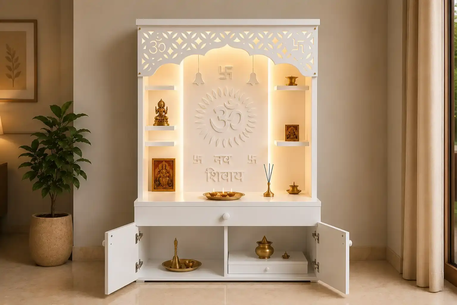 LoyalCraft 4 feet home temple with LED Light beautiful carving design