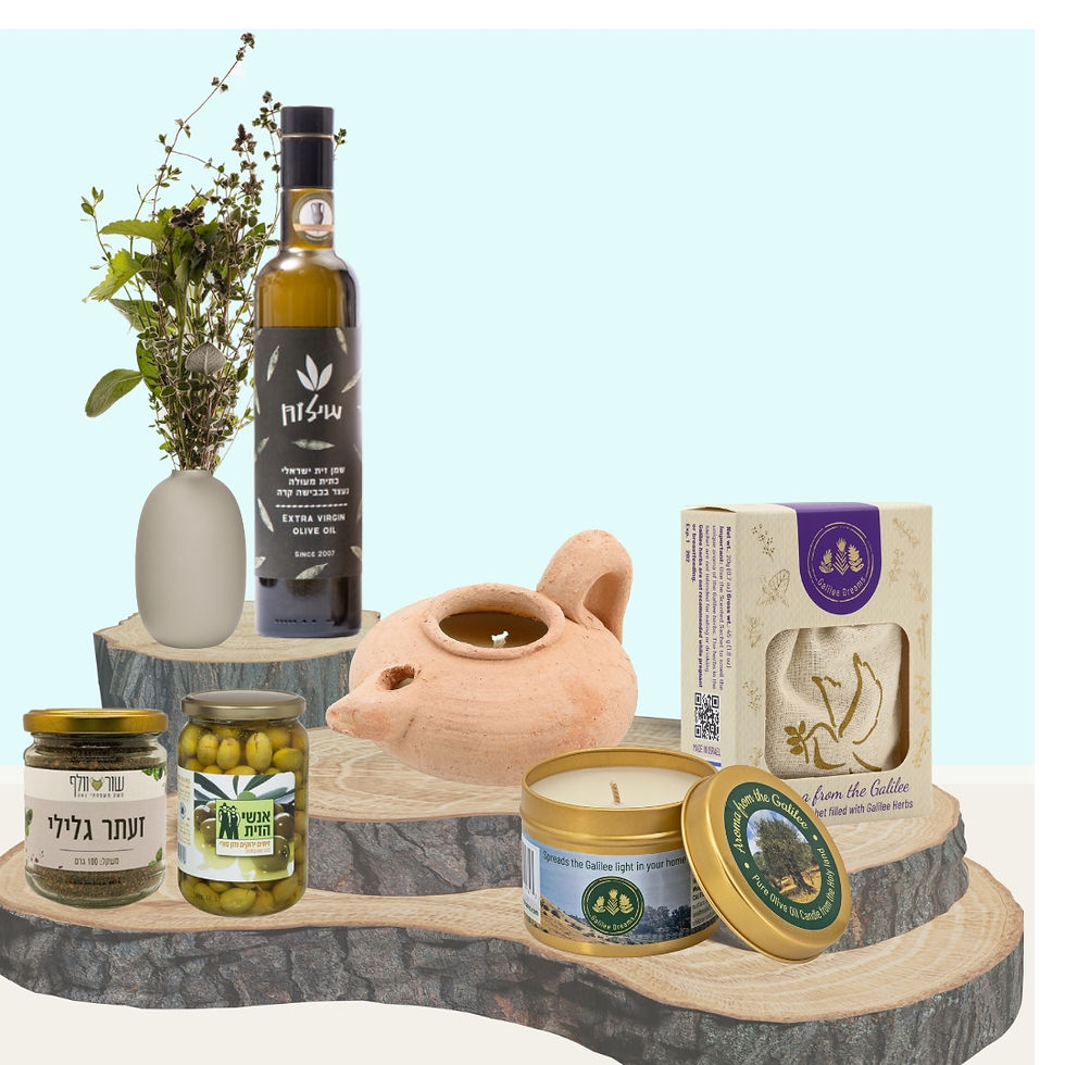 Thumbnail: Bible Experience set with oil lamp, sachet, candle, and Biblical Flavors Trio: olive oil, za’atar, and olives