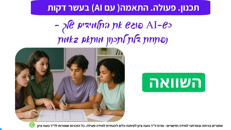 מודולת ההשוואה – כחלק מפרוייקט תכנון-פעולה-התאמה עם AI בעזר דקות. כלי AI להוראה, בינה מלאכותית מערך שיעור בחינוך.
מודולה לבניית מערך שיעור מוכן – מורים מזינים נושא ומקבלים מערך שיעור מלא: מטרות, פעולות ותוצרים.
השוואה היא כלי חשוב להבנה: השוואה בין רעיונות או מצבים מעודדת חשיבה והעמקה.
המודולה כוללת דף עזר חזותי, ומותאמת להפעלה עצמאית בכל תחום. פתרון פשוט, מדויק ויעיל עבור מורים – עם כלי AI לתכנון שיעור מוכן.