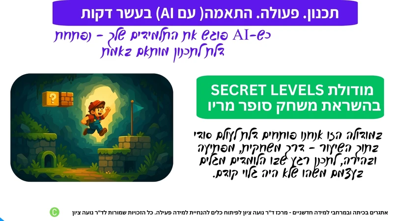 מודולה גמישה לתכנון חלק בשיעור שבו הלומדים פעילים ומעורבים, מתאימה לכל נושא וגיל. כלי AI להוראה שמשלב בינה מלאכותית מערך שיעור בתוך שיעור קיים – בלי להתחיל מאפס. מיועדת למורים עסוקים שרוצים תבנית מהירה, ברורה ומותאמת לתוכן הקיים. כולל מערך שיעור מוכן ואפשרות להתאמה אישית בקלות.


