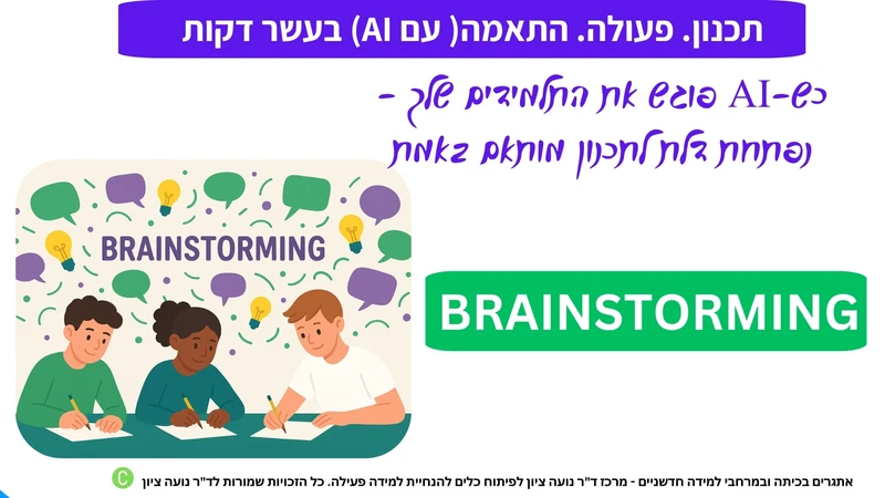 מודולה לתכנון שיעור עם בינה מלאכותית – סיעור מוחות:
כלי חדשני בתחום בינה מלאכותית בחינוך. בעזרת PROMPT ייעודי, תוכלו ליצור מערך שיעור מוכן בכמה דקות – מותאם לתלמידים שבכיתה ולתוכן שאתם מלמדים.
זהו שיעור עם בינה מלאכותית, המבוסס על כתיבה חופשית שמעודדת חשיבה פתוחה, ביטוי אישי והפעלה של כל הלומדים.
המודולה מתאימה לכל גיל, ניתנת ליישום בכל שלב בשיעור, ומיועדת להפוך את ההוראה לנגישה, אישית ומדויקת.
זהו שיעור עם כלי AI שמפעיל את כולם – בלי הכנות מסובכות.
אידיאלי למורים ומורות שמחפשים בינה מלאכותית מערך שיעור מוכן שמייצר השתתפות רחבה, חיבור אישי לתוכן, ומקום להתחיל ממנו כל שיעור.

