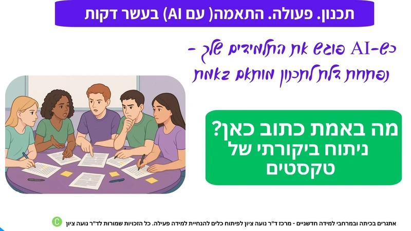 מודולה לניתוח ביקורתי של טקסטים – כלי AI למורים שמחפשים בינה מלאכותית מערך שיעור מותאם. בעזרת תבנית מוכחת ו-AI שמייצר טקסטים לתרגול, הלומדים מפתחים הבנה של איך טקסט כתוב ולא רק מה כתוב. מערך שיעור מוכן שמתאים לשימוש חוזר בכיתה – בלי הכנות מסובכות. אידיאלי למי שמחפש מערך שיעור חינוך שפיתחה ד"ר נועה ציון לפי כלי שנבנה על ידי דר רוברט מרזאנו- ומבוסס על כלי מוכן, מדויק וקל ליישום – שמאפשר תרגול מצטבר של קריאה ביקורתית.


