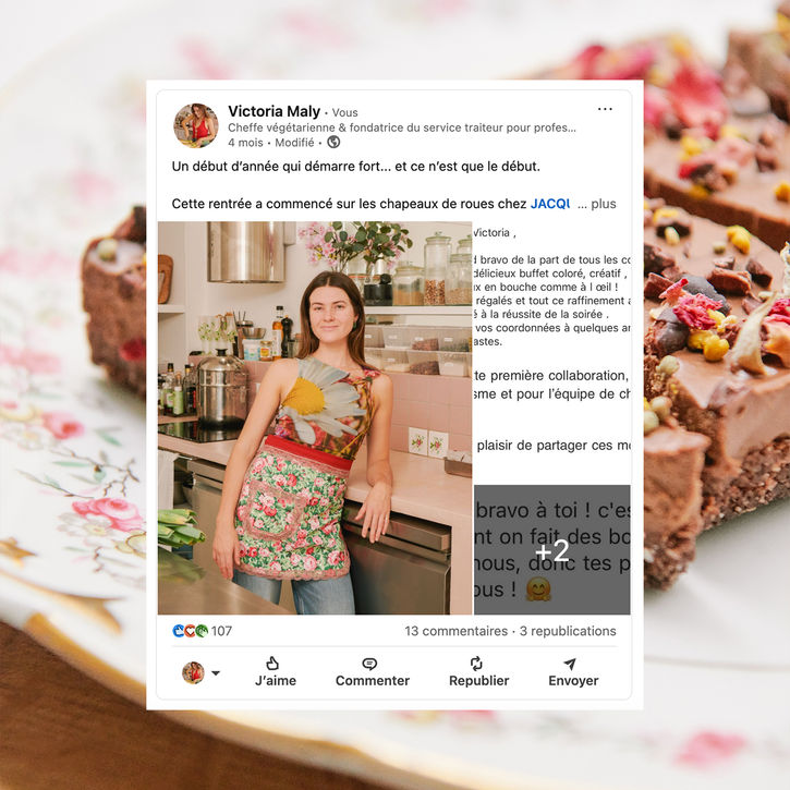 Post LinkedIn de Victoria Maly, cheffe fondatrice de Jacquie Club, présentant la collaboration et les retours d’expérience sur le projet.
