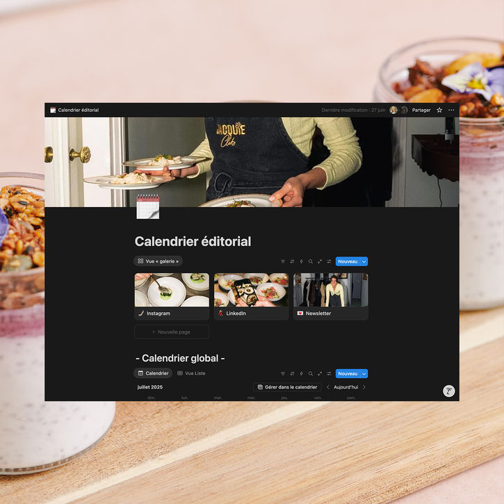 Vue d’ensemble du calendrier éditorial Jacquie Club sur Notion – organisation des contenus et planification des publications.