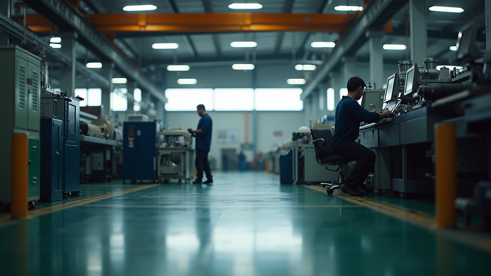 Eye-level view of a factory floor with machinery and workers