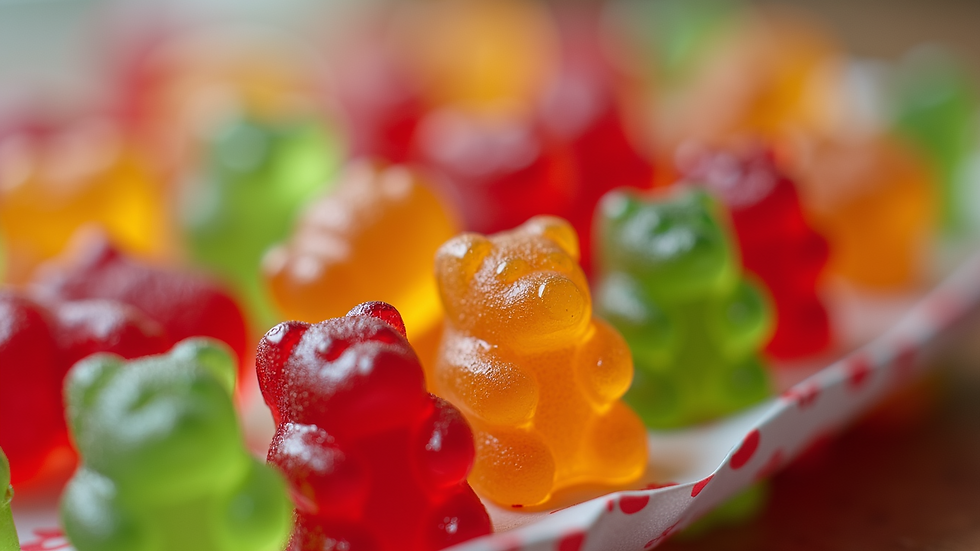 Close-up view of a gummy bear packet with vibrant graphics