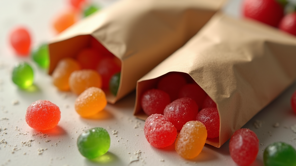 High angle view of eco-friendly kraft paper bags with gummy candies