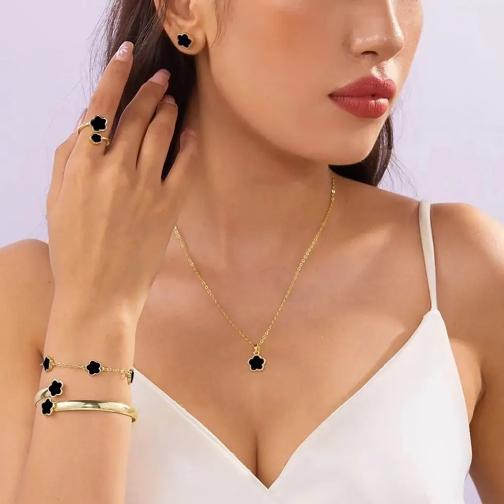 Thumbnail: Women's Five-Leaf Lucky Jewelry Set – Necklace & Bracelet – Fashion Accessories