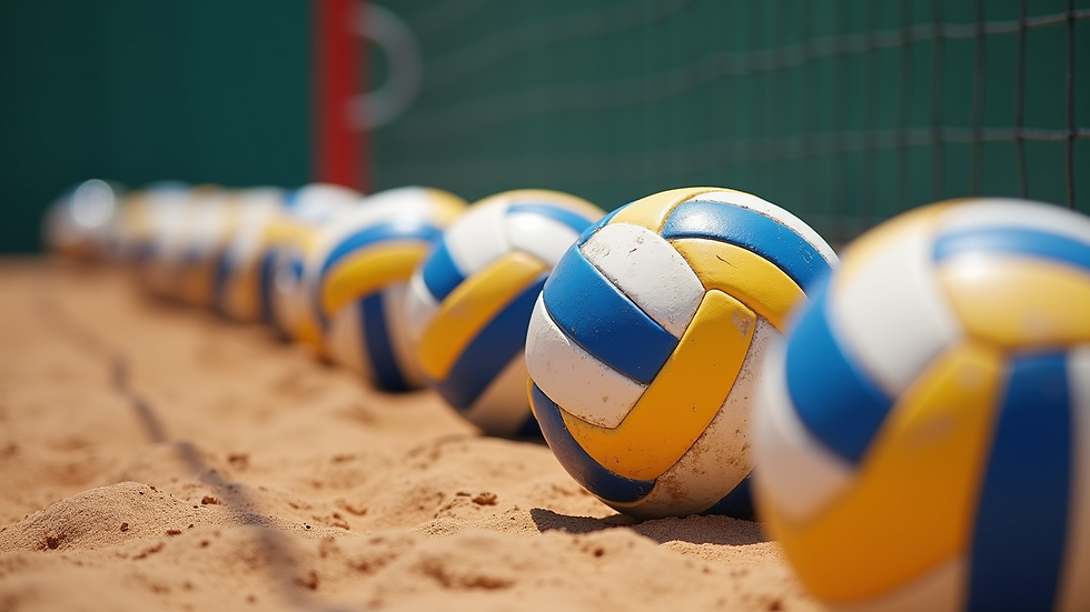 Close-up view of volleyballs lined up for practice