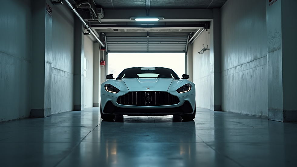 Eye-level view of a luxury car parked in a secure garage