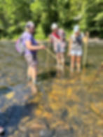 Image Credit: Connecticut River Conservancy. CCCD Supervisor Kate Buckman points out aspects of a sea lamprey redd while conducting a survey on the Ashuelot River with community volunteers.