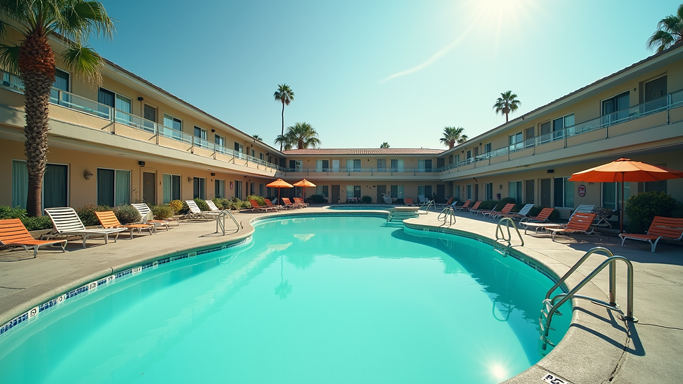 Wide angle view of motel swimming pool area with lounge chairs