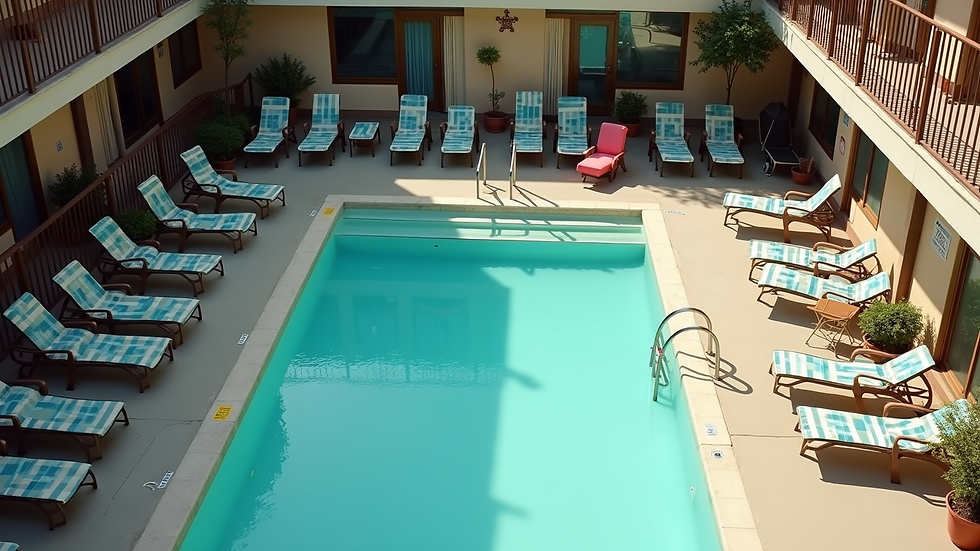 High angle view of motel swimming pool with lounge chairs