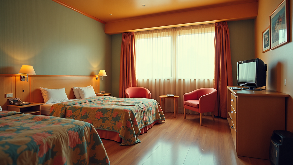 Wide angle view of motel family room with two beds and colourful decor