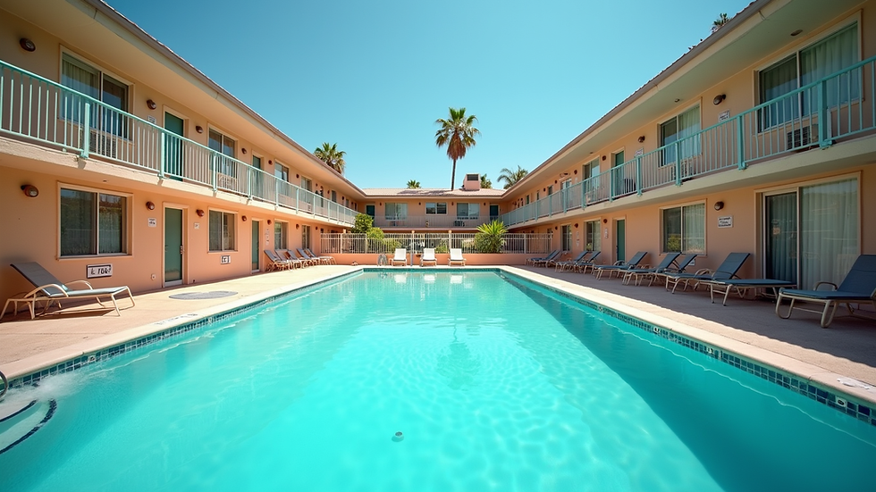 Wide angle view of motel outdoor pool with clear blue water