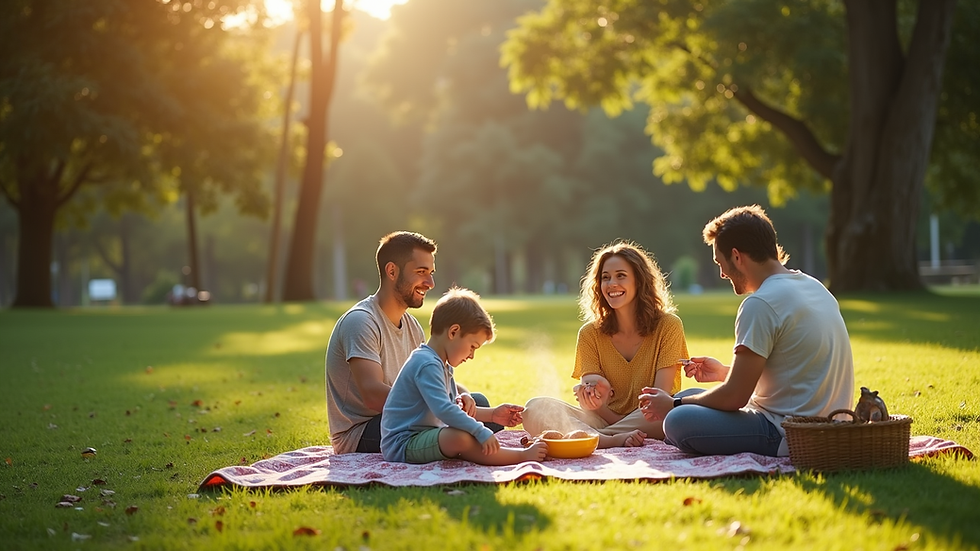 High angle view of a family enjoying a picnic in a green park near Loganholme