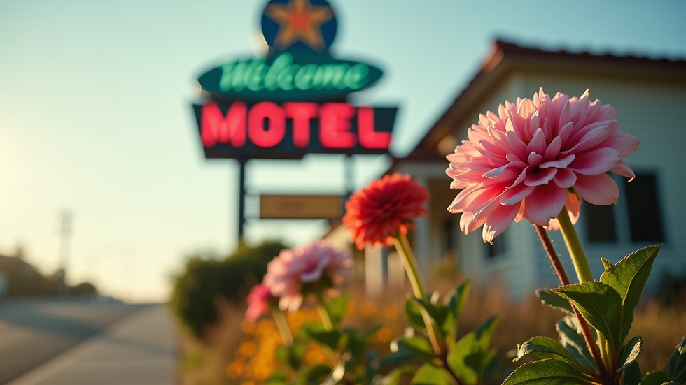 Close-up view of motel welcome sign with flowers