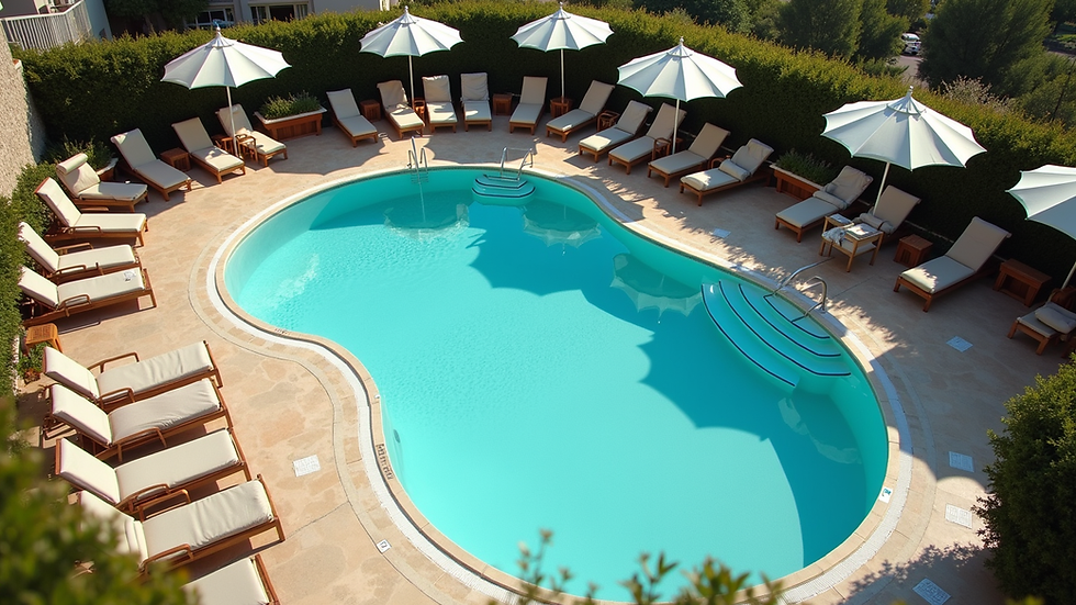 High angle view of motel pool area with sun loungers and umbrellas