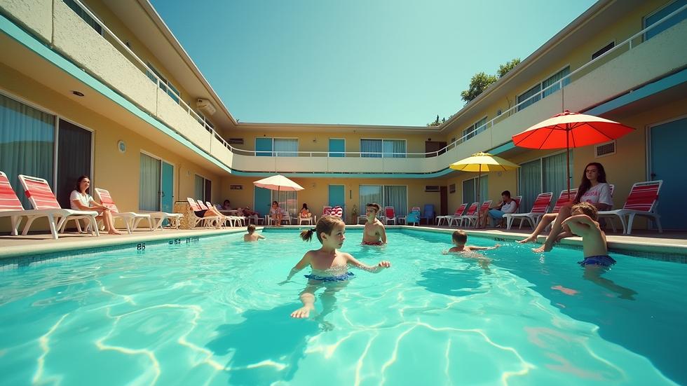 Wide angle view of a motel pool area with kids playing and parents relaxing