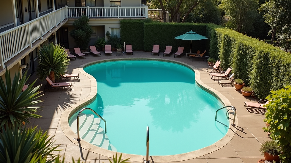 High angle view of motel pool with surrounding garden