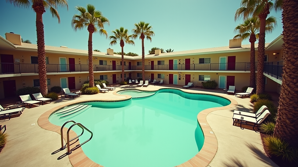 High angle view of motel pool surrounded by palm trees