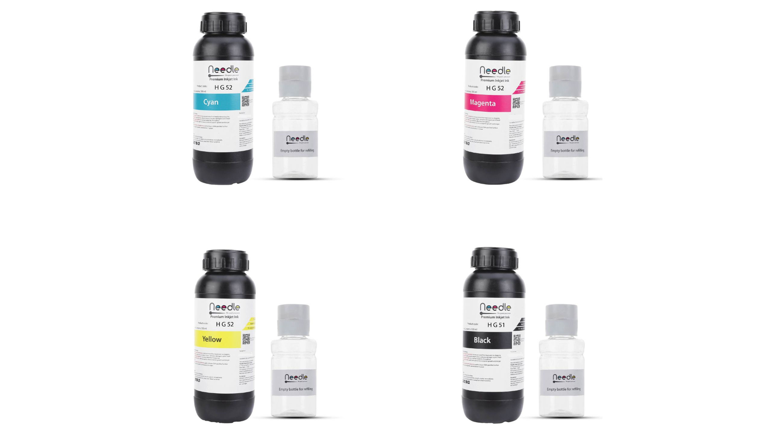 Needle High Yield HP GT51/52  4 x500ML  (CMYK) Inktank Refill ink