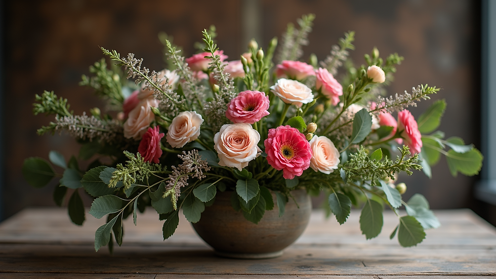 Eye-level view of a rustic floral arrangement on a wooden table