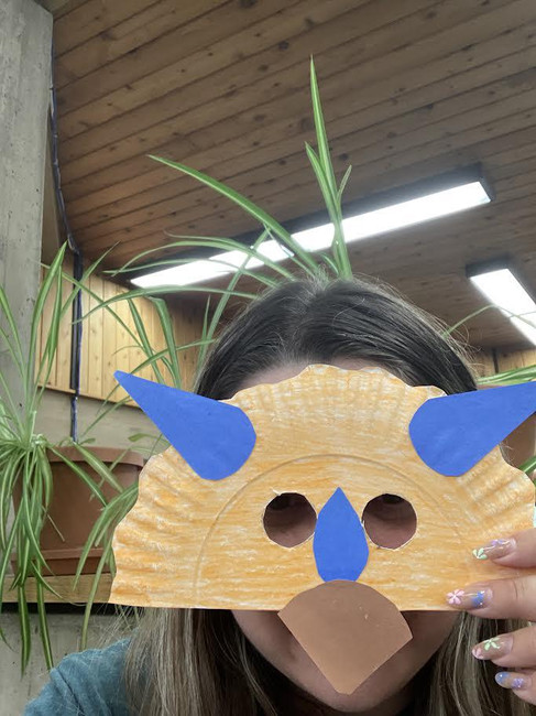 A person holds the paper plate mask in front of their face