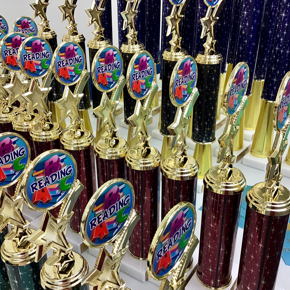close up of trophies