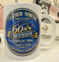 Mug printed with the logo for Luther North High School 60th Reunion: Class of 1966 October 3, 2026