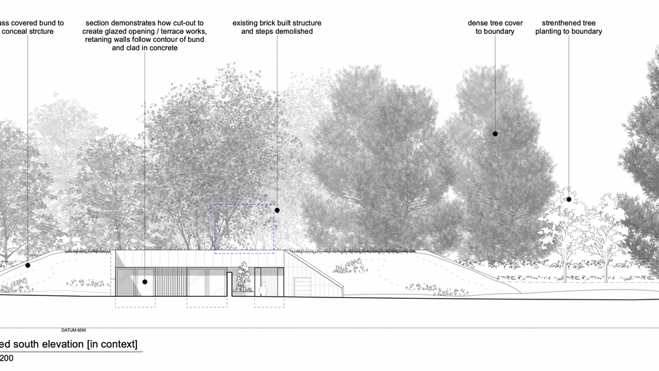 Kode Architecture. Reservoir conversion. flint, timber cladding, inset balconies, resevoir conversion. Former reservoir, underground house, house in hill, Reservoir dwelling. Architect. Sandy Reservoir. House in countryside. Planning countryside. Planning Application countryside Grand Design water reservoir. Water reservoir conversion. Subterranean house. Eco house. Architecture. Timber and glass architecture. Water reservoir architecture. Concrete and glass. Green Roof. Water storage tank conversion. Concrete. Former water tower.
