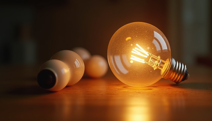 Eye-level view of a single light bulb glowing among many unlit bulbs on a wooden surface