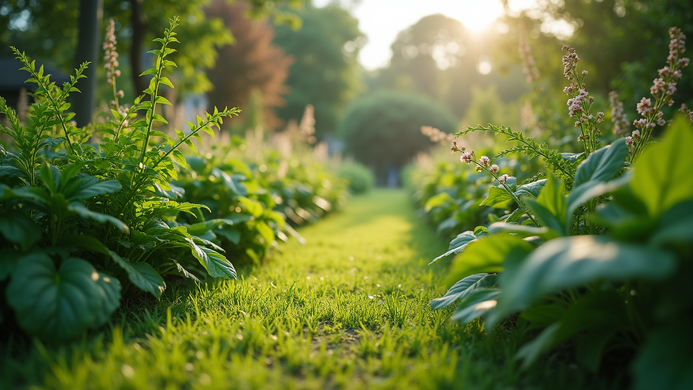 Eye-level view of a lush green garden with diverse plants