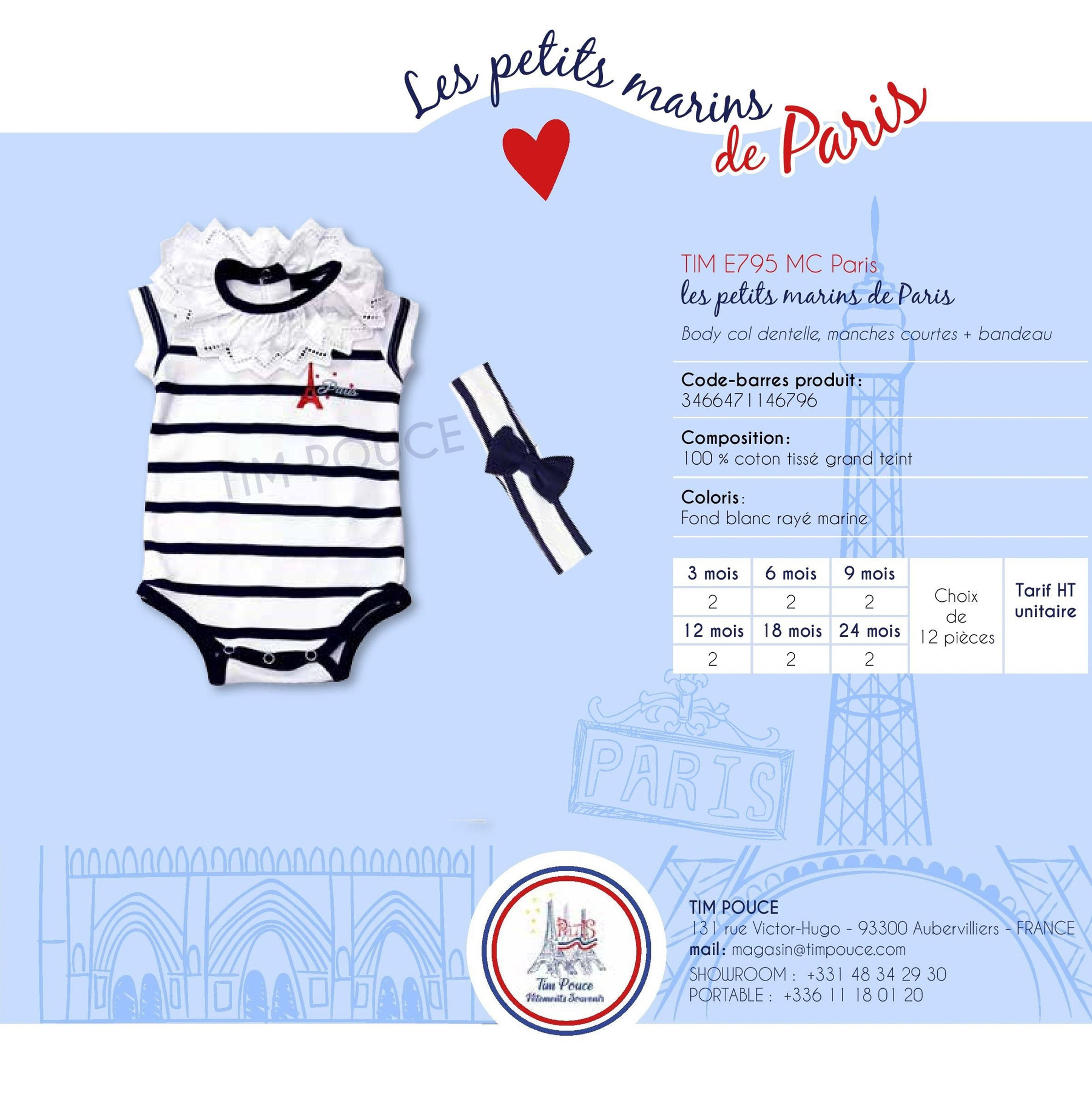 Body col dentelle manches courtes + Bandeau - E795 MC Souvenir de Paris