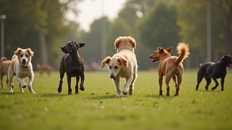 Wide angle view of a dog park filled with dogs playing and interacting