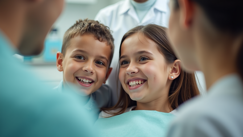 Close-up view of a family smiling together at a dental office