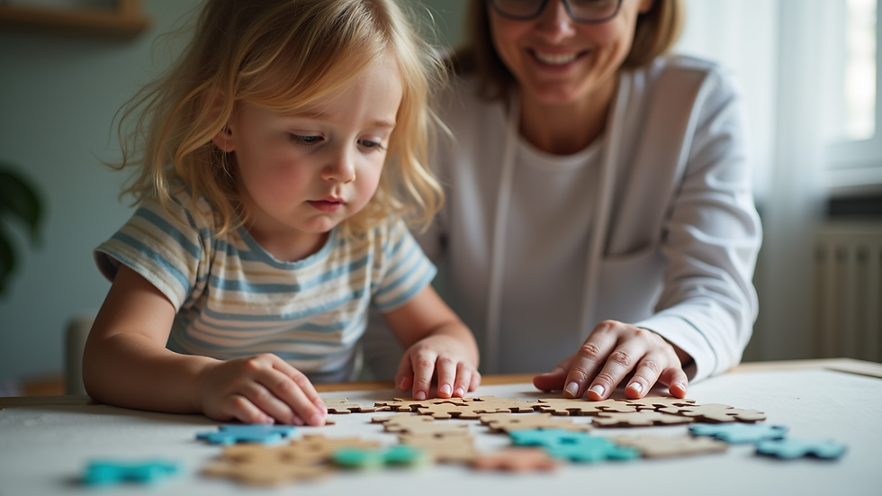 Close-up view of a therapy session with a therapist and child working on a puzzle together