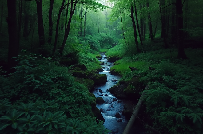 A lush green forrest, in deep forrest green and green-blue hues. Soft focus. Soft light.pn